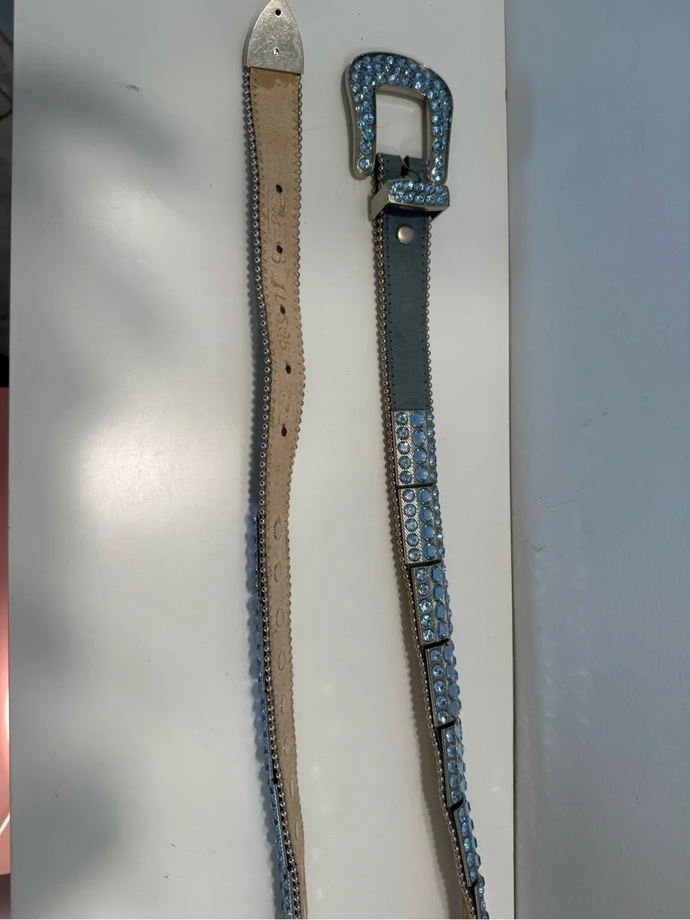 B.B. Simon Swarovski Crystal Embellished Light Blue Leather Belt - Women’s